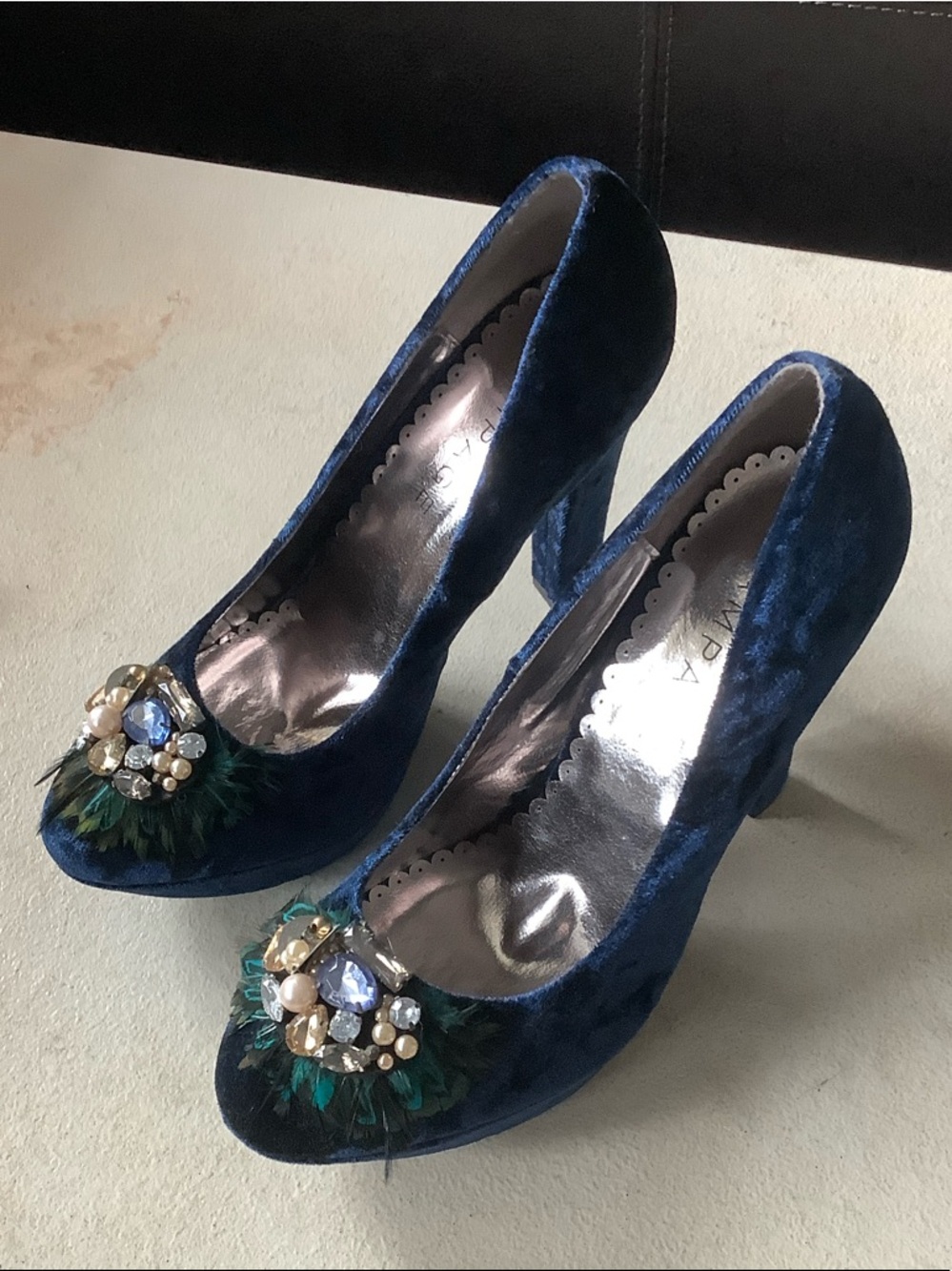 Rampage Navy Blue Velvet Jeweled Heels